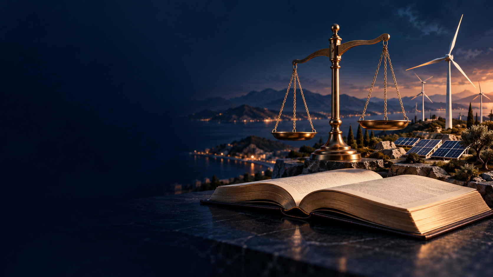 Enerji hukuku: adalet terazisi, hukuk kitabı, güneş panelleri ve rüzgar türbinleri